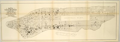 Karta över staden New York som visar platsen för smittkoppor, från 1 maj 1874 till 30 april 1875. av American School