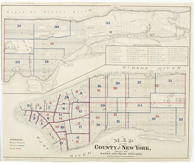 Karta över grevskapet New York, som visar avdelningarna och polisdistrikten och stationshusens läge., 1870 (bläck på papper) av American School