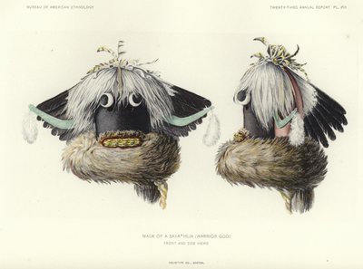 Mask av A Sayathlia (krigargud) - framifrån och från sidan (färglitografi) av American School