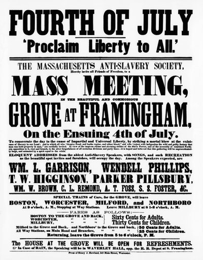 Massachusetts Anti-Slavery Society affisch som proklamerar frihet åt alla på självständighetsdagen, 1859 (tryck) av American School