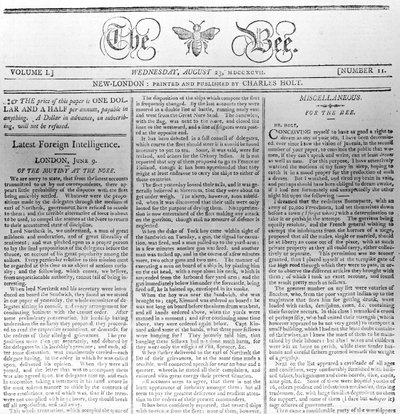 Masthead of The Bee, tryckt 23 augusti 1797 (tryck) av American School