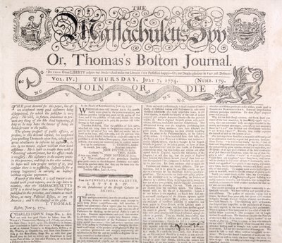Masthead för Massachusetts Spy 7 juli 1774 (tryck) av American School
