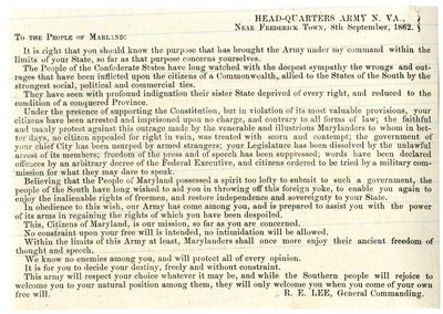 Meddelande till folket i Maryland för att stödja konfederationen, 8 september 1862 av American School