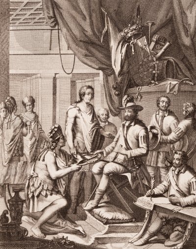 Montezuma överlämnar sitt imperium till kungen av Spanien, ger honom en hyllning och lovar hans lydnad, från Antonio de Solis y Rivadeneira Solis Historien om erövringen av Mexiko, graverad av Ximeno av American School
