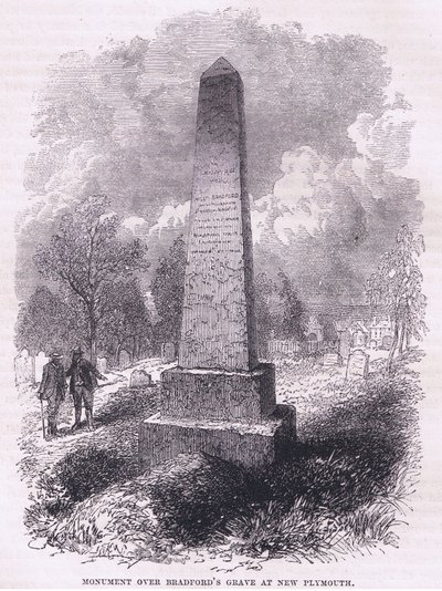 Monument över Bradfords grav i New Plymouth 1641, illustration från Cassell