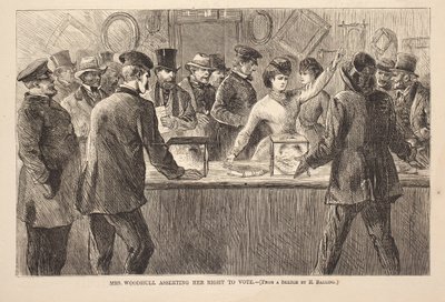 Mrs. Woodhull hävdar sin rösträtt, gravyr från Harper