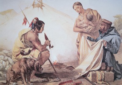 Indianer som handlar med päls (färg litho) av American School