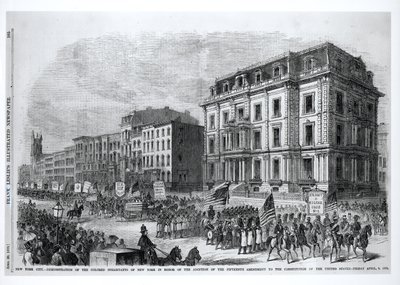 New York City: Demonstration av de färgade invånarna i New York för att hedra antagandet av det femtonde tillägget till Förenta staternas konstitution, 8 april 1870, från 