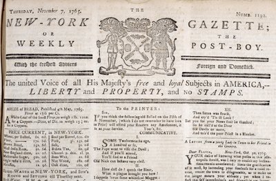 New York Gazette-topp som deklarerar sitt motstånd mot frimärkena, tryckt 7 november 1765 (tryck) av American School