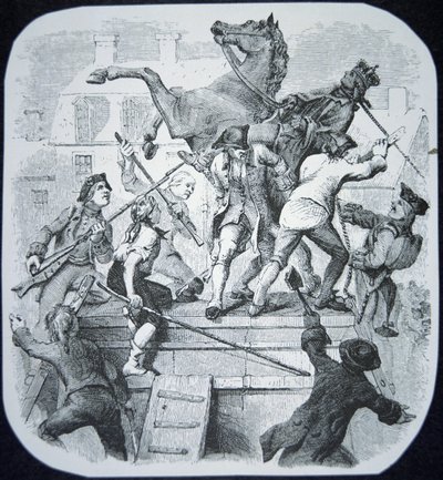 New York-rebeller drar ner statyn av den hatade George III av England (litho) av American School