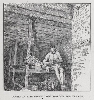 Natt i en hängmatta logi-rum för luffare (litho) av American School