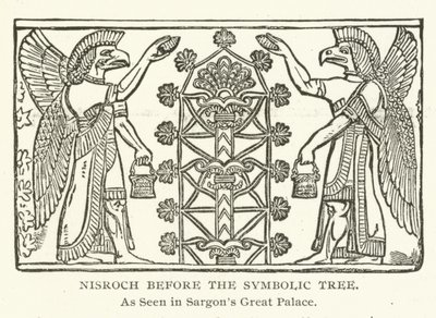 Nisroch före det symboliska trädet, som sett i Sargons stora palats av American School