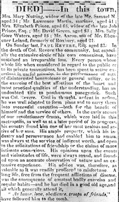 Nekrologsida från Boston Intelligencer, 16 maj 1818 (tryckt) av American School