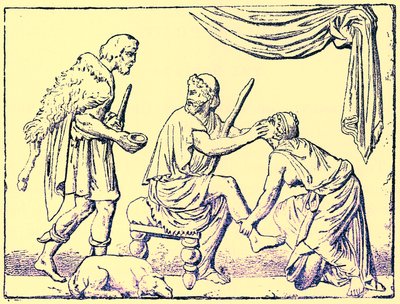 Odysseus igenkänd av sin sjuksköterska, illustration från History of Greece av Victor Duruy, publicerad 1890 (digitalt förbättrad bild) av American School