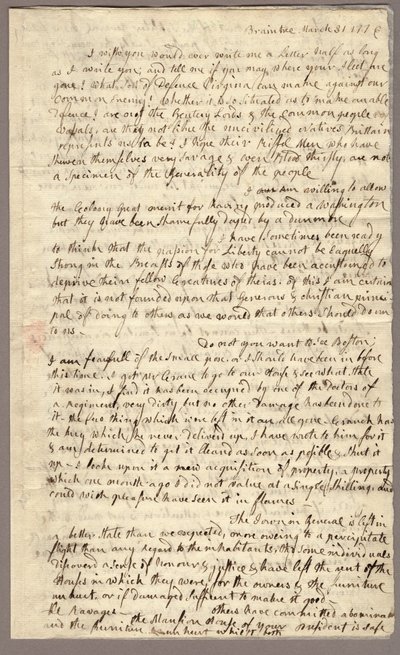 Sida 1, Brev från Abigail Adams till John Adams, 31 mars - 5 april 1776 (bläck på papper) av American School