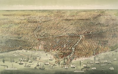 Panoramavy över staden Chicago, pub. 1892 (färglitografi) av American School