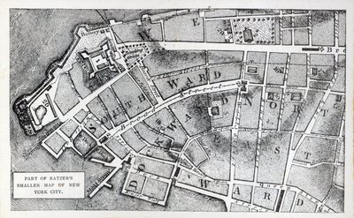 En del av Bernard Ratzers mindre karta över New York City (litho) av American School