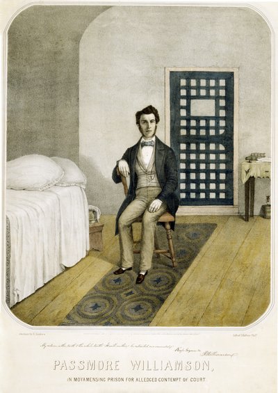 Passmore Williamson i Moyamensing-fängelset för påstått domstolstrots, pub. 1855 (färglitografi) av American School