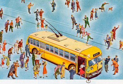 Fotgängare som sätter sig på en stadsbuss av American School