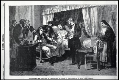 Utför operationen av blodtransfusionen på Hospital of Pity, Paris, Frankrike, illustration från den amerikanska forskaren av American School
