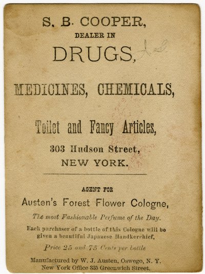 Parfymerad med Austens Forest Flower Cologne; S.B, Cooper, narkotikahandlare? [bytekort verso] (tryck) av American School