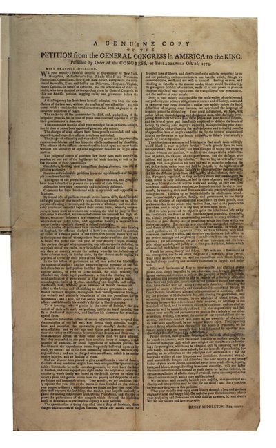 Framställning från generalkongressen i Amerika till kungen, kontinentalkongressen, 26 oktober 1774 av American School