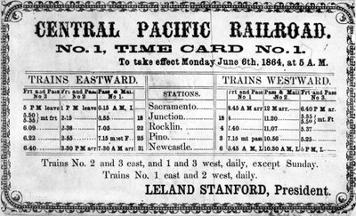 Fotografiskt tryck av Central Pacific Railroad Companys ursprungliga tidtabell för den 6 juni 1864, 1864 av American School