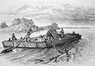 Pioneer flatboat på Mississippi River, ca. 1840 (gravyr) av American School