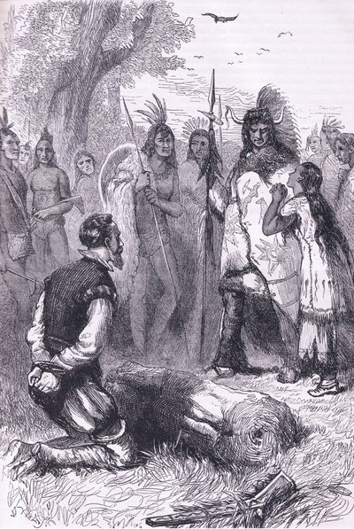 Pocahontas räddar kapten Smiths liv, illustration från Cassell