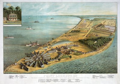 Point Lookout, MD - View of Hammond General Hospital och U.S. General Depot for Prisoners of War, pub. 1864 av American School