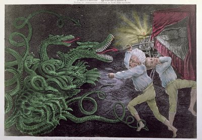Politisk Quixotism: The Diplomatic Hercules attacking the Political Hydra, publicerad av Bisbee, ca 1833 av American School