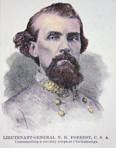 Porträtt av generallöjtnant Nathan B. Forrest (1821-77) (litho) av American School