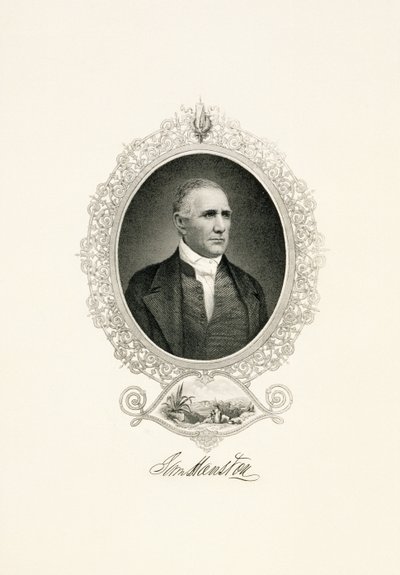 Porträtt av Sam Houston med stadsutsikt, ca. 1855-c. 1860 (stål-faced gravyr på vävt papper) av American School