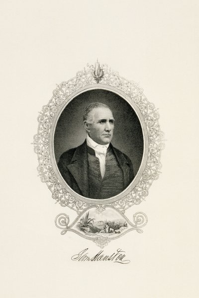 Porträtt av Sam Houston med stadsutsikt, ca. 1855-c. 1860 (stål-faced gravyr på vävt papper) av American School