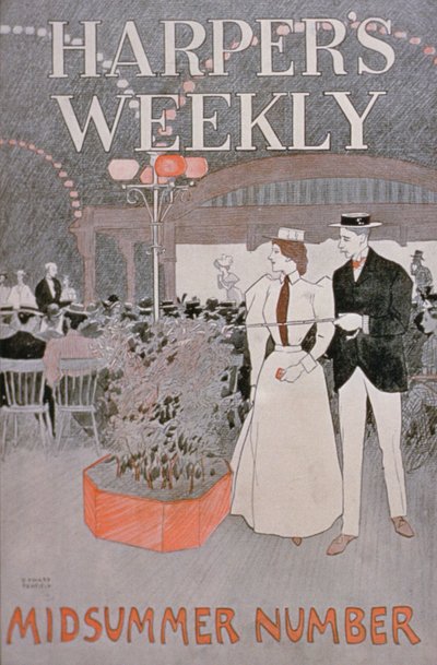 Affisch som annonserar Harpers Weekly, midsommarnummer av American School
