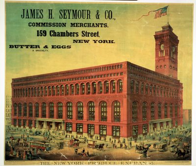 Affischreklam för James H. Seymour & Co. Commission Merchants på New York Produce Exchange, graverad av Sacket, Wilhelms och Betzig, ca 1885 av American School