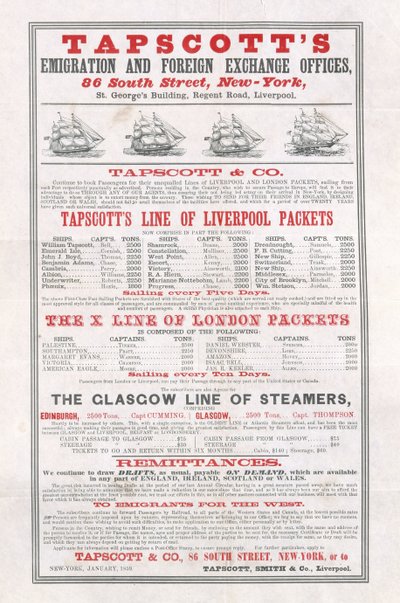 Affischannonsering Tapscotts Emigration and Foreign Exchange Offices, New York, januari 1859 av American School