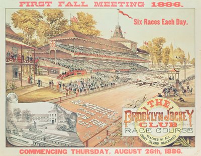 Affisch som annonserar Brooklyn Jockey Club Race Course, 1886 av American School