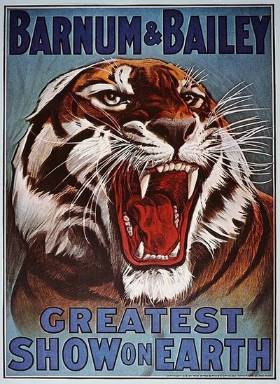 Affisch som annonserar "Barnum & Bailey Greatest Show on Earth", ca 1910 (lito i färg) av American School