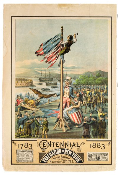 Affisch som annonserar hundraårsjubileet av evakueringen av New York av britterna den 25 november 1783, 1883 av American School