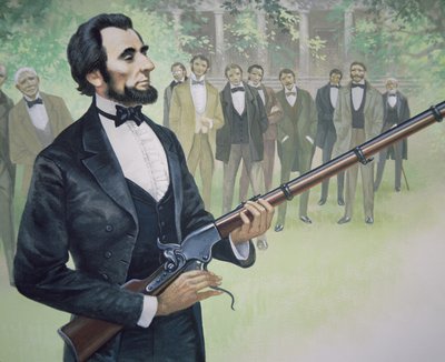 President Abraham Lincoln provskjuter Spencers sjuskotts repetergevär i augusti 1863 (lito i färg) av American School