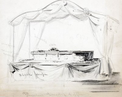 President Abraham Lincolns kista ligger i staten i Vita huset, Washington D.C., april 1865 (penna, bläck och tvätt på papper) av American School