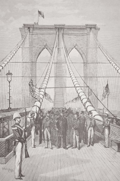 President Chester A. Arthur vid öppningsceremonin av den nya Brooklyn Bridge, 24 maj 1883 (litho) av American School