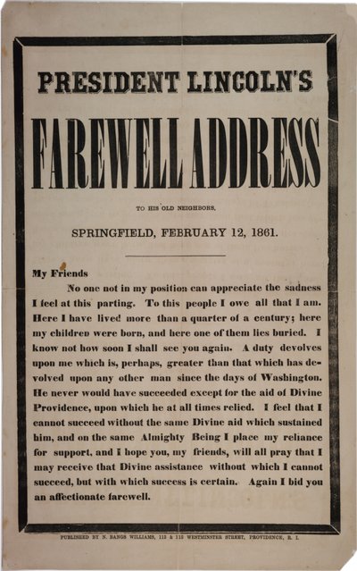 President Lincolns avskedsanförande till sina gamla grannar, Springfield, 12 februari 1861 av American School