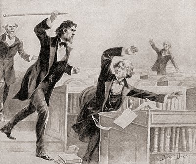 Preston Smith Brooks, en ivrig förespråkare för slaveri, anföll senator Charles Sumner, en abolitionist, med en käpp på golvet i den amerikanska senaten, den 22 maj av American School