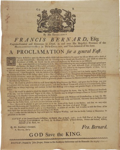 Tillkännagivande i namn av Francis Bernard, guvernör i Massachusetts Bay: tillkännager en fastedag under det franska och indiska kriget, den 8 april 1761 av American School