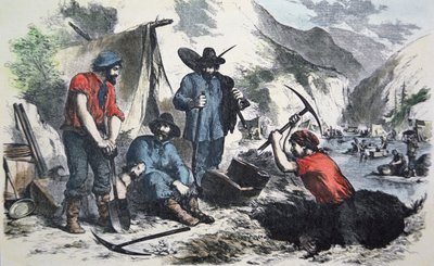 Prospektörer under Kaliforniens guldrush 1849 (färg litho) av American School