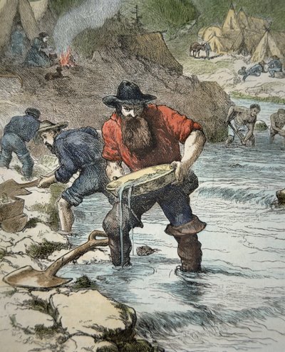 Prospektörer som panorerar efter guld under det kaliforniska guldrushen 1849 (färgad gravyr) av American School