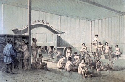 Offentligt bad i Simoda, 1856 (färgad akvatint) av American School