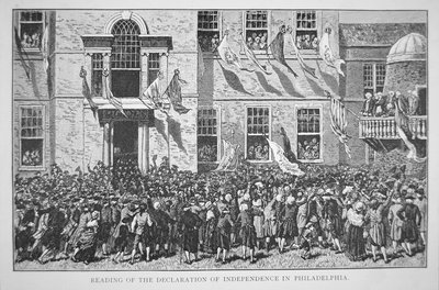 Läser självständighetsförklaringen till invånarna i Philadelphia, 8 juli 1776 (litho) av American School